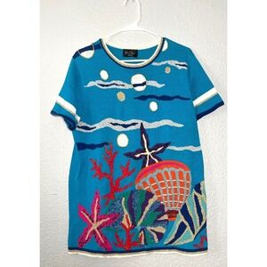 Diane Freis Sweater Women's Large Blue Beaded Embroidered Coastal Ocean Beach